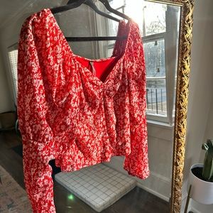 Anthropologie- Medium Red long sleeve blouse with floral print